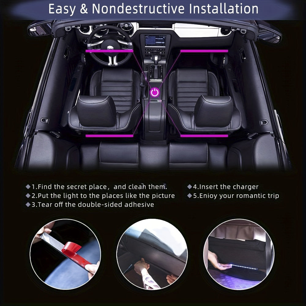 4pcs 48 LEDs Neon LED Interior Lights - Music Sync, Wireless Remote Control RGB