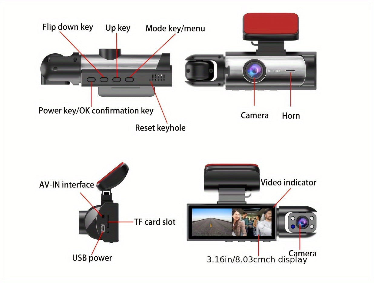 Dual Camera Front 1080P And Inside 480P, IR Night Vision, Loop Recording, Wide Angle