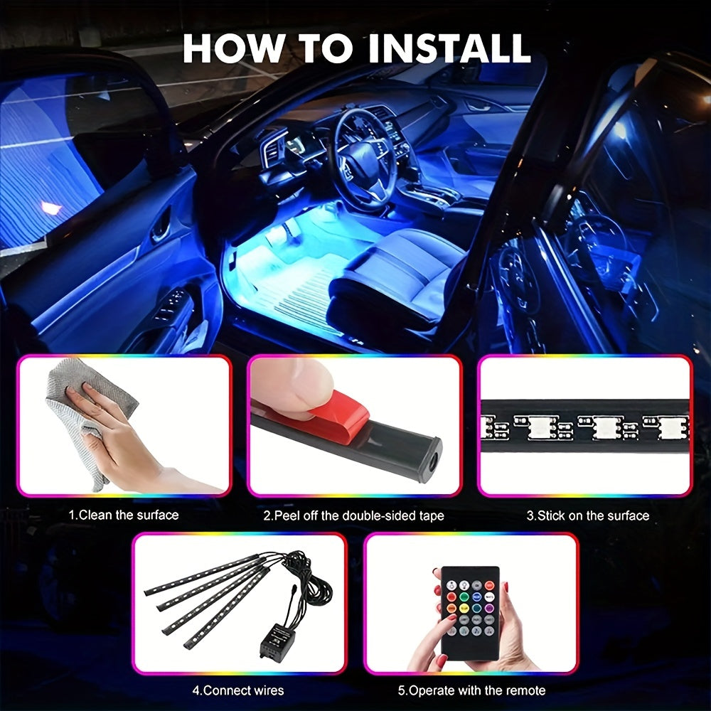 4pcs 48 LEDs Neon LED Interior Lights - Music Sync, Wireless Remote Control RGB