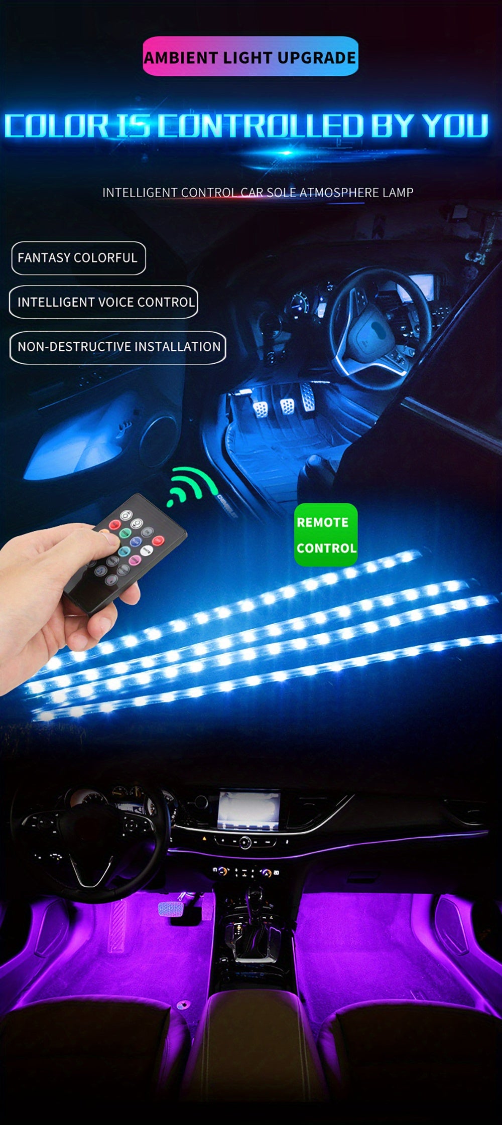 4pcs 48 LEDs Neon LED Interior Lights - Music Sync, Wireless Remote Control RGB