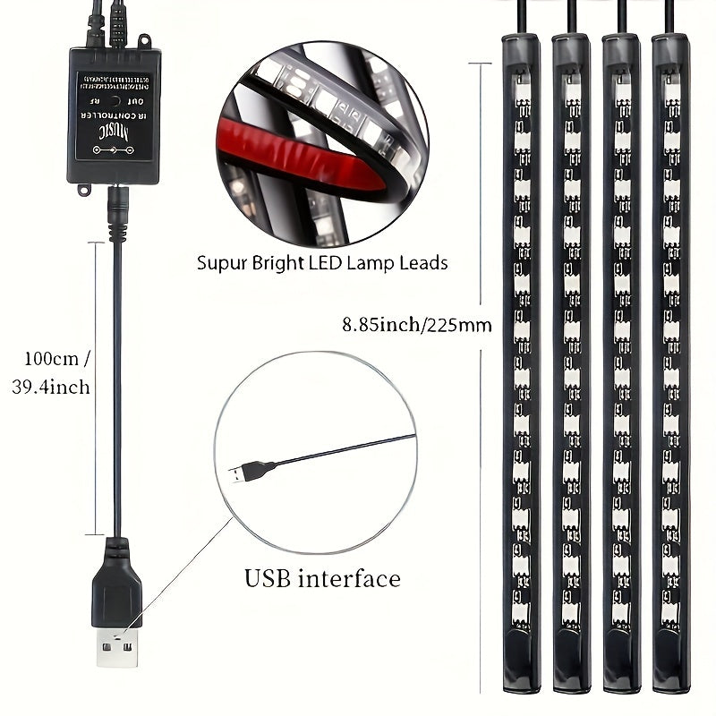 4pcs 48 LEDs Neon LED Interior Lights - Music Sync, Wireless Remote Control RGB