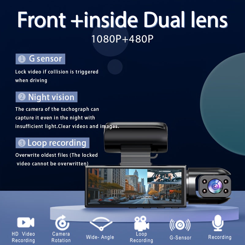Dual Camera Front 1080P And Inside 480P, IR Night Vision, Loop Recording, Wide Angle