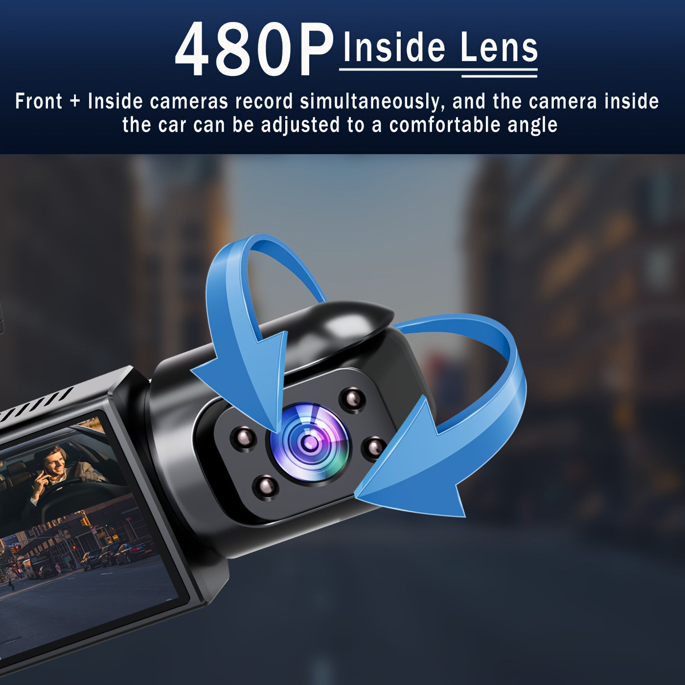 Dual Camera Front 1080P And Inside 480P, IR Night Vision, Loop Recording, Wide Angle