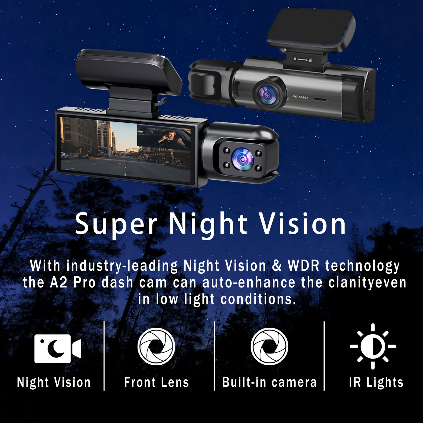 Dual Camera Front 1080P And Inside 480P, IR Night Vision, Loop Recording, Wide Angle