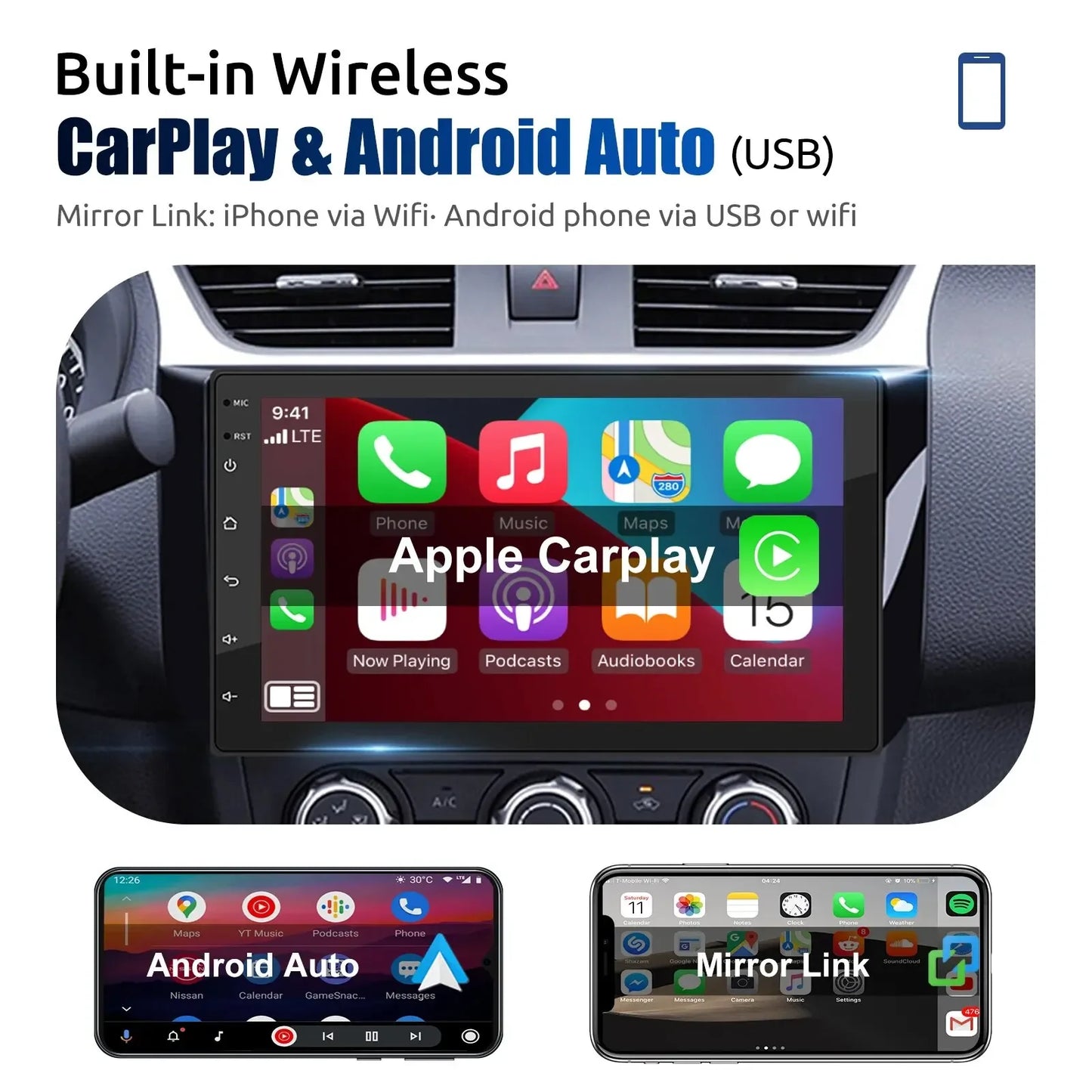 Car Radio Carplay Android Auto 2 Din 7"/9" GPS Navigator MP5 Player Glass Screen  Wi-Fi FM BT