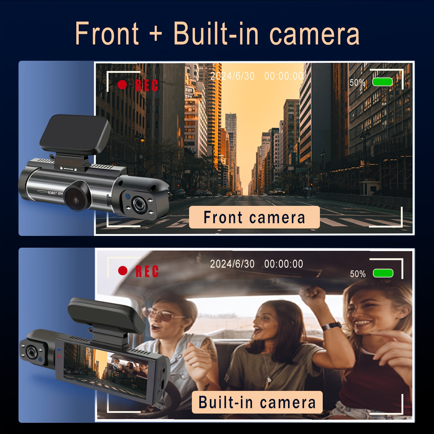 Dual Camera Front 1080P And Inside 480P, IR Night Vision, Loop Recording, Wide Angle